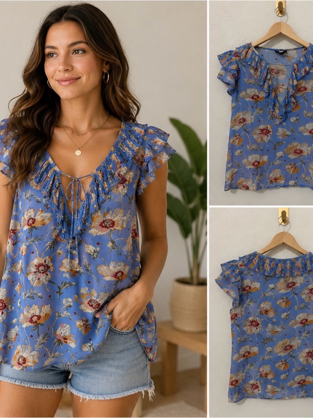 PAIGE 100% Silk Blue Floral Ruffle Tie Neck Blouse Top Size Small